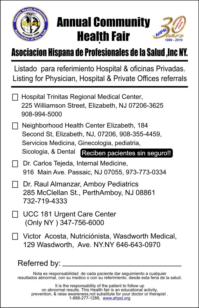 Elizabeth Health fair, listado master 2026
